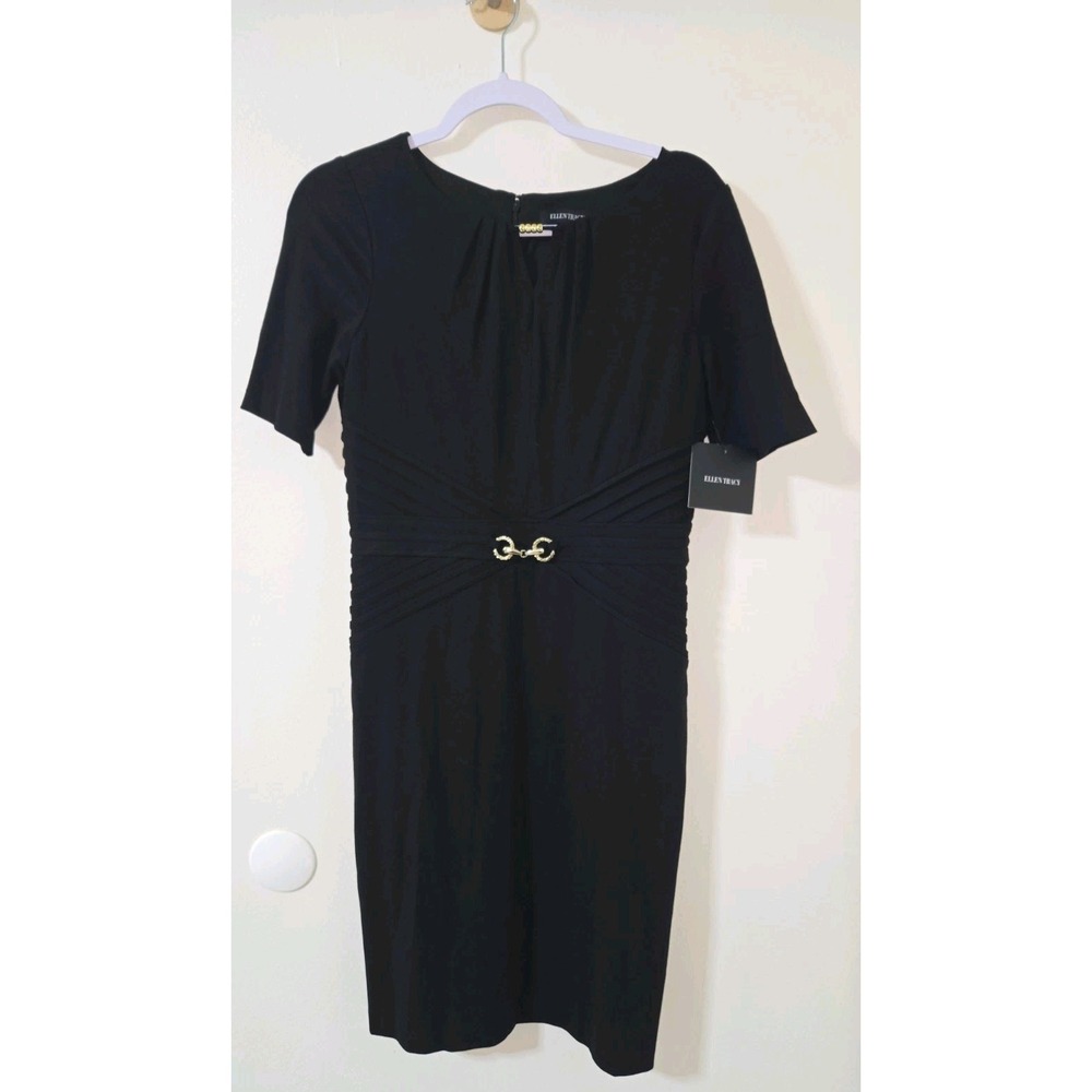 Ellen Tracy Women's Black & Gold Embellished Pleated Jersey Sheath Dress‎ Size 8